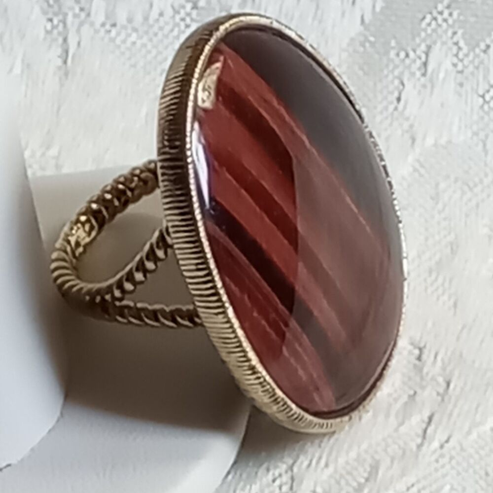 1.5" Oval Natural tigers eye Sterling Silver Vermeil twist rope Ring D&10  sz7